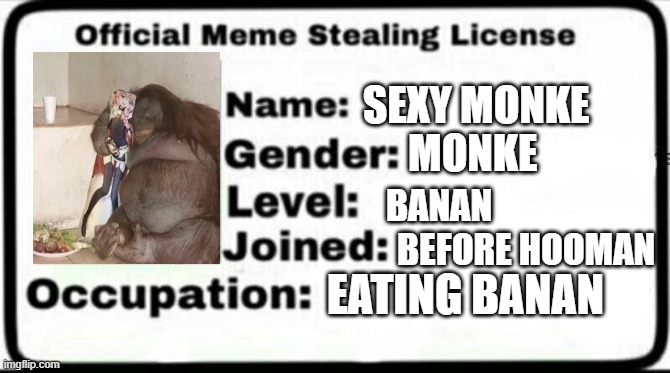 Meme Stealing License | SEXY MONKE; MONKE; BANAN; BEFORE HOOMAN; EATING BANAN | image tagged in meme stealing license | made w/ Imgflip meme maker