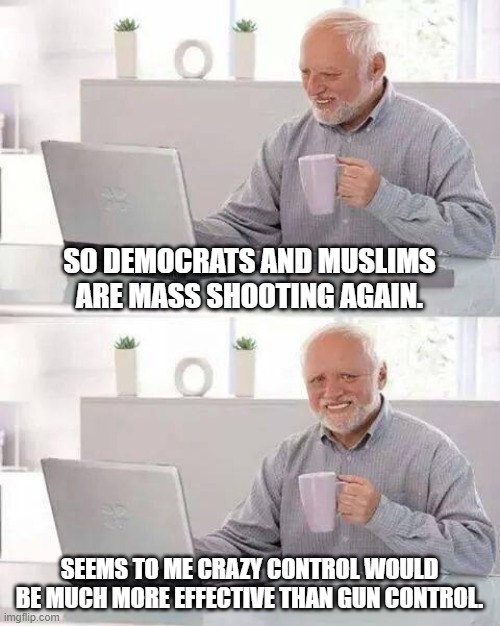 How about we address the root cause first? | SO DEMOCRATS AND MUSLIMS ARE MASS SHOOTING AGAIN. SEEMS TO ME CRAZY CONTROL WOULD BE MUCH MORE EFFECTIVE THAN GUN CONTROL. | image tagged in memes,hide the pain harold,impeach46,libtards,liberals retarding progress,leftists kill | made w/ Imgflip meme maker
