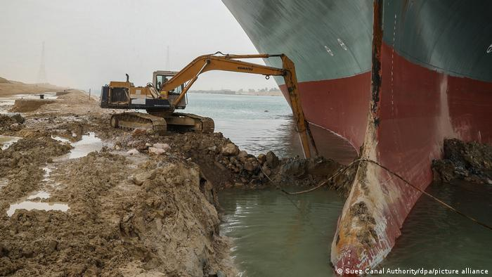 Excavator digging out Evergreen ship in Suez canal Blank Meme Template