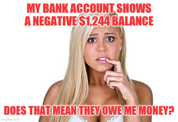 Dumb Blonde | MY BANK ACCOUNT SHOWS A NEGATIVE $1,244 BALANCE; DOES THAT MEAN THEY OWE ME MONEY? | image tagged in dumb blonde | made w/ Imgflip meme maker