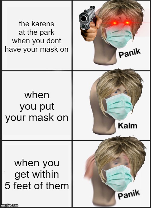 da karens in the park | the karens at the park when you dont have your mask on; when you put your mask on; when you get within 5 feet of them | image tagged in memes,panik kalm panik | made w/ Imgflip meme maker