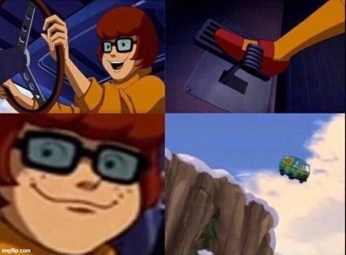 Velma off a cliff | image tagged in velma off a cliff | made w/ Imgflip meme maker