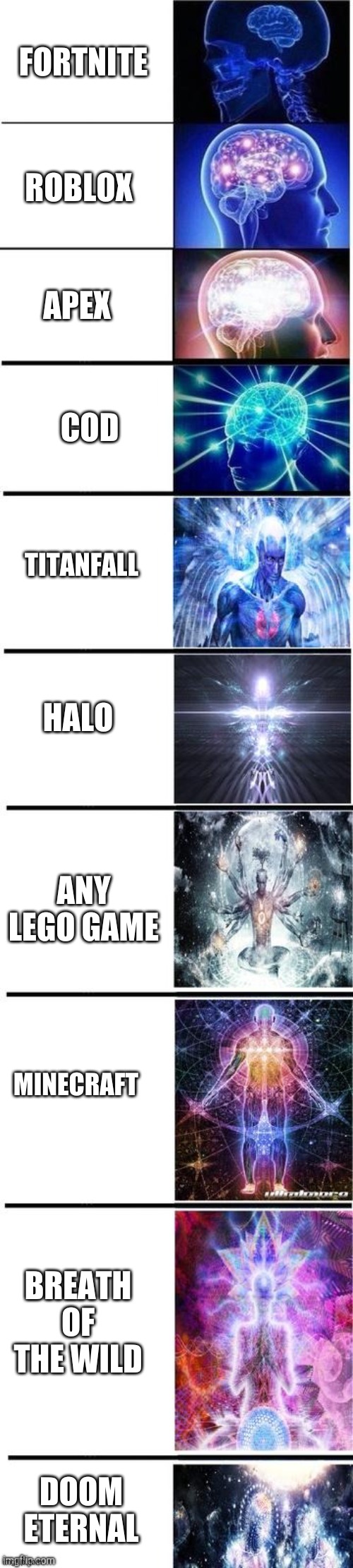 this is an OPINION | FORTNITE; ROBLOX; APEX; COD; TITANFALL; HALO; ANY LEGO GAME; MINECRAFT; BREATH OF THE WILD; DOOM ETERNAL | image tagged in expanding brain 10 panel | made w/ Imgflip meme maker