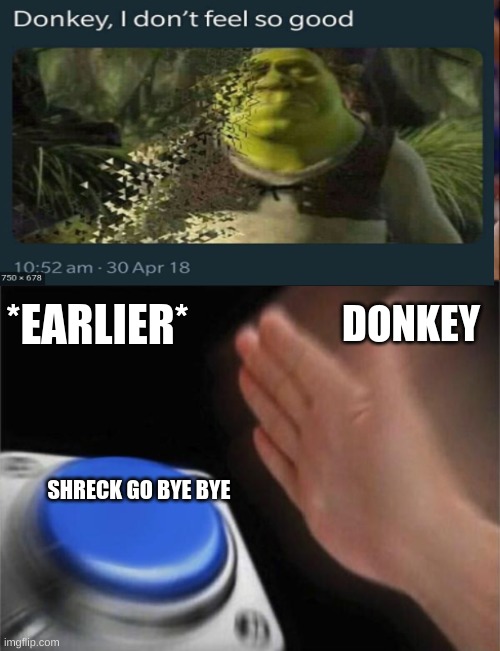 DONKEY; *EARLIER*; SHRECK GO BYE BYE | image tagged in memes,its not going to happen,blank nut button | made w/ Imgflip meme maker