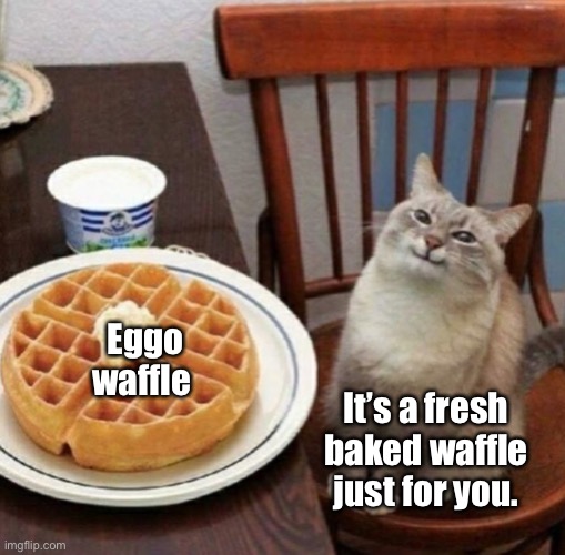 Cat likes their waffle | Eggo waffle; It’s a fresh baked waffle just for you. | image tagged in cat likes their waffle | made w/ Imgflip meme maker