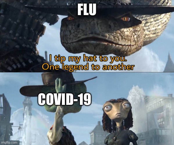 No one noticed the death of the flu thanks to covid | FLU; COVID-19 | image tagged in i tip my hat to you one legend to another,coronavirus,flu,covid-19 | made w/ Imgflip meme maker