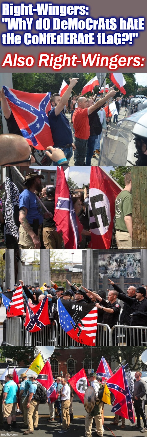 things that make you go yeah pretty much | Right-Wingers: "WhY dO DeMoCrAtS hAtE tHe CoNfEdERAtE fLaG?!"; Also Right-Wingers: | image tagged in confederate flag neo-nazis,confederate flag,neo-nazis,nazis,right wing,conservative logic | made w/ Imgflip meme maker
