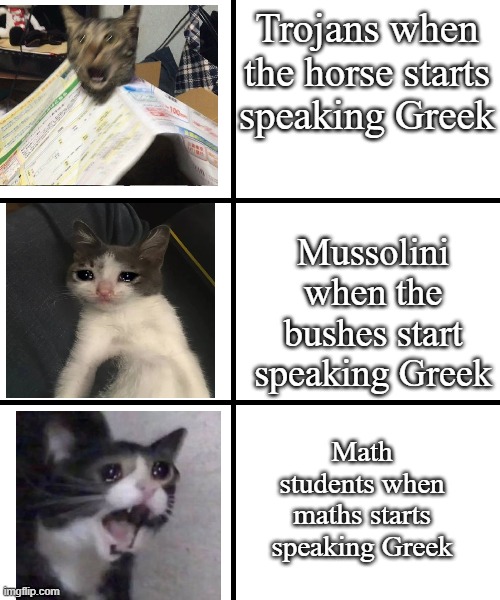 We've all been there | Trojans when the horse starts speaking Greek; Mussolini when the bushes start speaking Greek; Math students when maths starts speaking Greek | image tagged in blank template | made w/ Imgflip meme maker