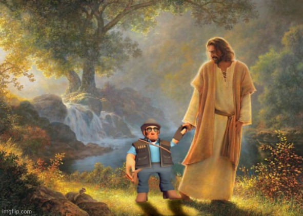 Jesus holding TF2 sniper's hand | image tagged in jesus holding tf2 sniper's hand | made w/ Imgflip meme maker