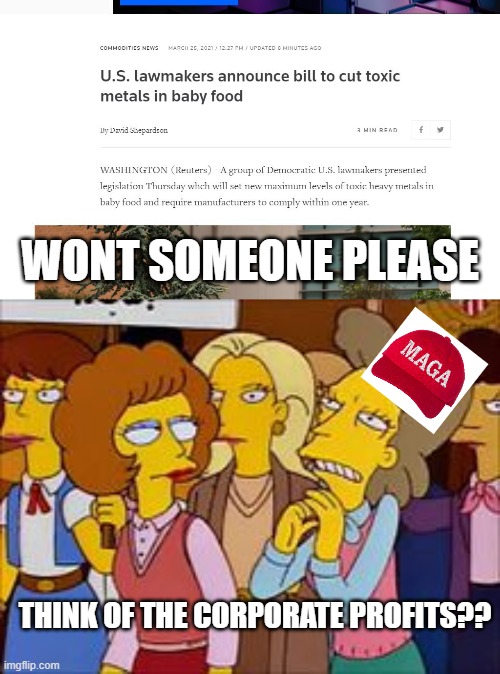 Dad gum liberals at it again. | WONT SOMEONE PLEASE; THINK OF THE CORPORATE PROFITS?? | image tagged in simpsons - think of the children,memes,politics,pollution,rules | made w/ Imgflip meme maker