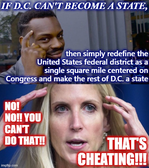 CONS DESTROYED WITH FACTS & LOGIC | IF D.C. CAN'T BECOME A STATE, then simply redefine the United States federal district as a single square mile centered on Congress and make the rest of D.C. a state; NO! NO!! YOU CAN'T DO THAT!! THAT'S CHEATING!!! | image tagged in memes,roll safe think about it,ann coulter mind blown,washington dc,dc,conservative logic | made w/ Imgflip meme maker