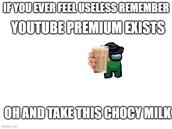 dunno what to put here | IF YOU EVER FEEL USELESS REMEMBER; YOUTUBE PREMIUM EXISTS; OH AND TAKE THIS CHOCY MILK | image tagged in blank white template | made w/ Imgflip meme maker