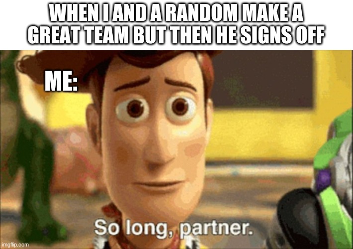 so long partner | WHEN I AND A RANDOM MAKE A GREAT TEAM BUT THEN HE SIGNS OFF; ME: | image tagged in so long partner | made w/ Imgflip meme maker