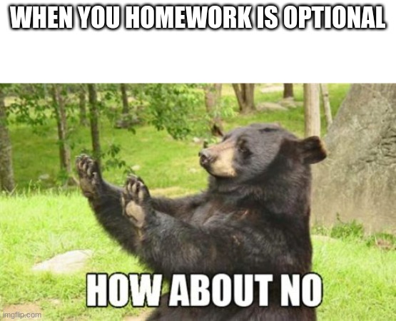 How About No Bear | WHEN YOU HOMEWORK IS OPTIONAL | image tagged in memes,how about no bear | made w/ Imgflip meme maker