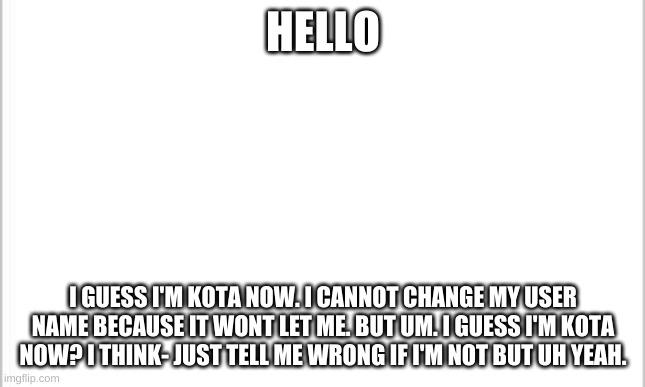 Ignore my user name | HELLO; I GUESS I'M KOTA NOW. I CANNOT CHANGE MY USER NAME BECAUSE IT WONT LET ME. BUT UM. I GUESS I'M KOTA NOW? I THINK- JUST TELL ME WRONG IF I'M NOT BUT UH YEAH. | image tagged in white background | made w/ Imgflip meme maker