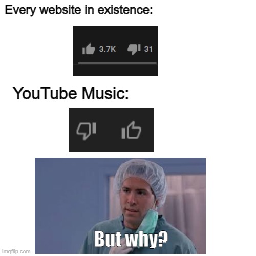 Blank Transparent Square | Every website in existence:; YouTube Music:; But why? | image tagged in memes,blank transparent square | made w/ Imgflip meme maker