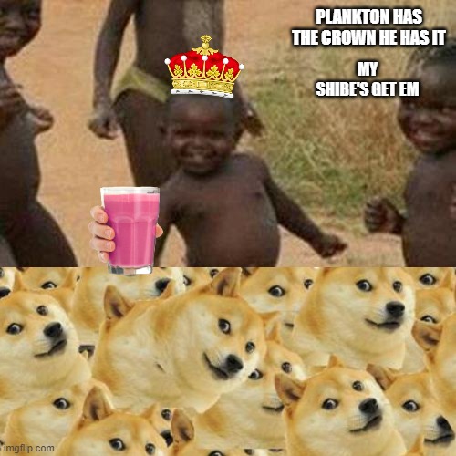 MY SHIBE'S | MY SHIBE'S GET EM; PLANKTON HAS THE CROWN HE HAS IT | image tagged in multi doge | made w/ Imgflip meme maker