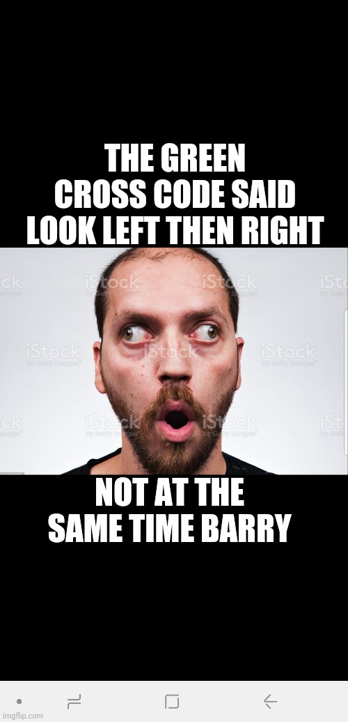 Left amd right | THE GREEN CROSS CODE SAID LOOK LEFT THEN RIGHT; NOT AT THE SAME TIME BARRY | image tagged in funny memes | made w/ Imgflip meme maker