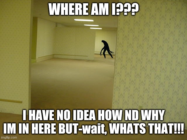 The Backrooms |  WHERE AM I??? I HAVE NO IDEA HOW ND WHY IM IN HERE BUT-wait, WHATS THAT!!! | image tagged in please help me | made w/ Imgflip meme maker