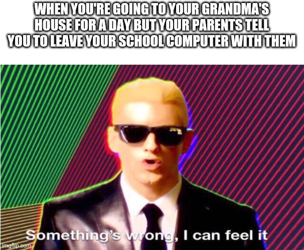 Something’s wrong | WHEN YOU'RE GOING TO YOUR GRANDMA'S HOUSE FOR A DAY BUT YOUR PARENTS TELL YOU TO LEAVE YOUR SCHOOL COMPUTER WITH THEM | image tagged in something s wrong | made w/ Imgflip meme maker