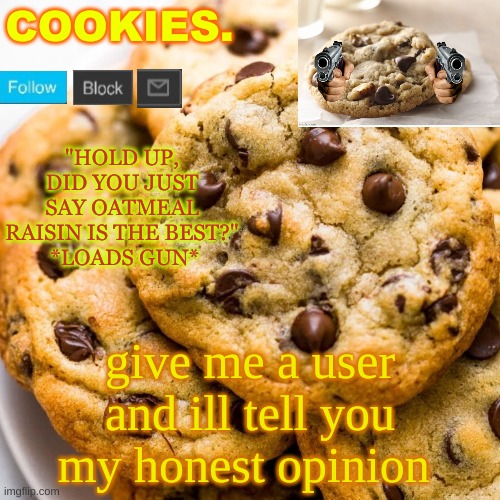 Cookies. new template | give me a user and ill tell you my honest opinion | image tagged in cookies new template | made w/ Imgflip meme maker