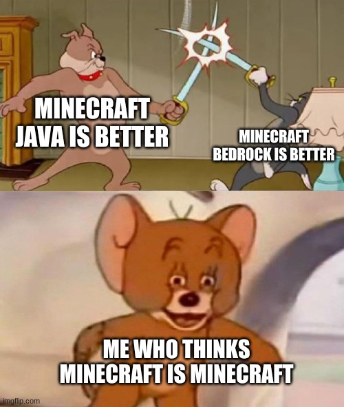 minecraft sword fight thing | MINECRAFT JAVA IS BETTER; MINECRAFT BEDROCK IS BETTER; ME WHO THINKS MINECRAFT IS MINECRAFT | image tagged in tom and jerry swordfight | made w/ Imgflip meme maker