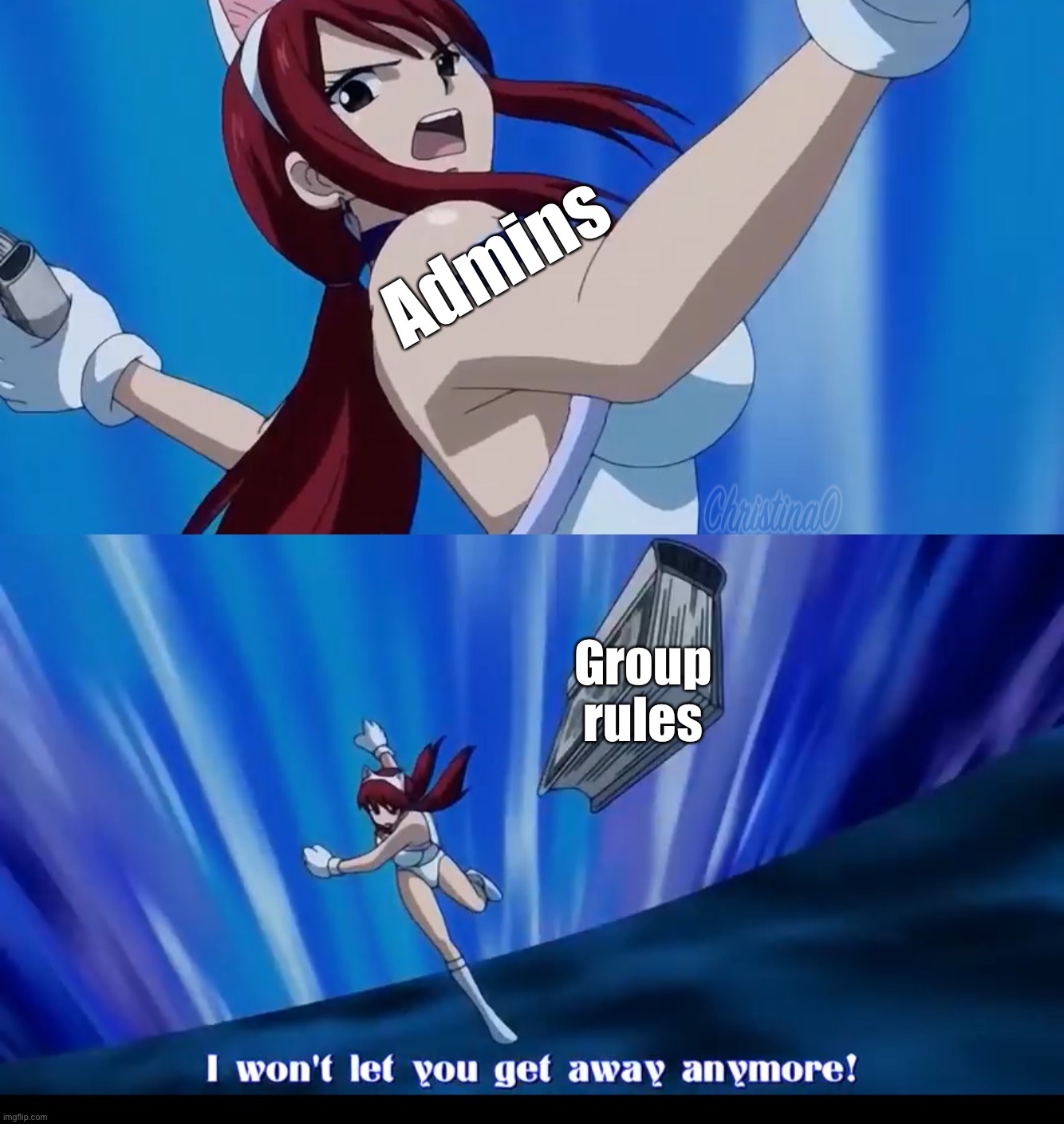 Admins - Fairy Tail Meme | Admins; Group rules | image tagged in i won t let you get away anymore,fairy tail,fairy tail meme,group,admins,anime meme | made w/ Imgflip meme maker