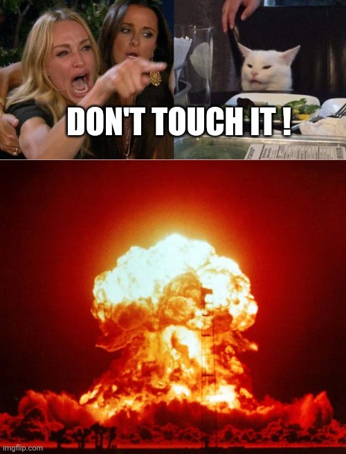 DON'T TOUCH IT ! | image tagged in memes,woman yelling at cat,nuke | made w/ Imgflip meme maker