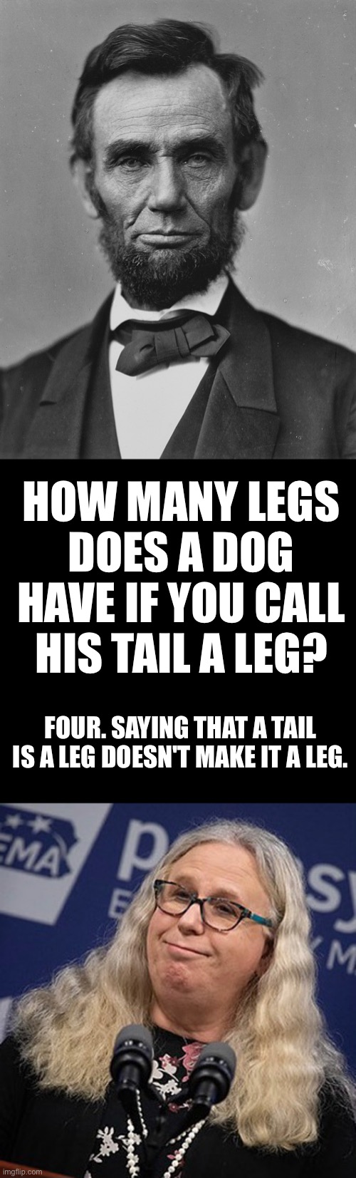 Actual quote by Abraham Lincoln... | HOW MANY LEGS DOES A DOG HAVE IF YOU CALL HIS TAIL A LEG? FOUR. SAYING THAT A TAIL IS A LEG DOESN'T MAKE IT A LEG. | image tagged in abraham lincoln,saying that a tail is a leg does not make it a leg | made w/ Imgflip meme maker