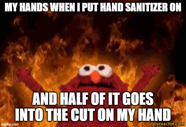Am I the only one? | MY HANDS WHEN I PUT HAND SANITIZER ON; AND HALF OF IT GOES INTO THE CUT ON MY HAND | image tagged in burning elmo | made w/ Imgflip meme maker