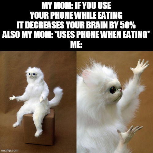 What |  MY MOM: IF YOU USE YOUR PHONE WHILE EATING IT DECREASES YOUR BRAIN BY 50%
ALSO MY MOM: *USES PHONE WHEN EATING*
ME: | image tagged in memes,persian cat room guardian | made w/ Imgflip meme maker
