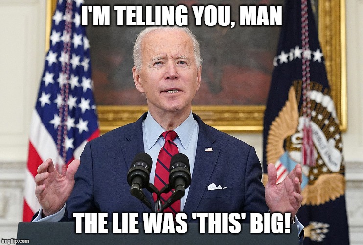 Screw big Fish Stories - We Tell Big Lie Stories in this administration | I'M TELLING YOU, MAN; THE LIE WAS 'THIS' BIG! | image tagged in joe biden,lies,politics,political meme | made w/ Imgflip meme maker