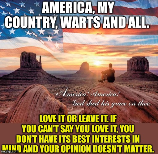 America is beautiful and deserves respect from the people who live under its protection | AMERICA, MY COUNTRY, WARTS AND ALL. LOVE IT OR LEAVE IT. IF YOU CAN’T SAY YOU LOVE IT, YOU DON’T HAVE ITS BEST INTERESTS IN MIND AND YOUR OPINION DOESN’T MATTER. | image tagged in america,god bless america,freedom in murica,freedom,united states of america | made w/ Imgflip meme maker
