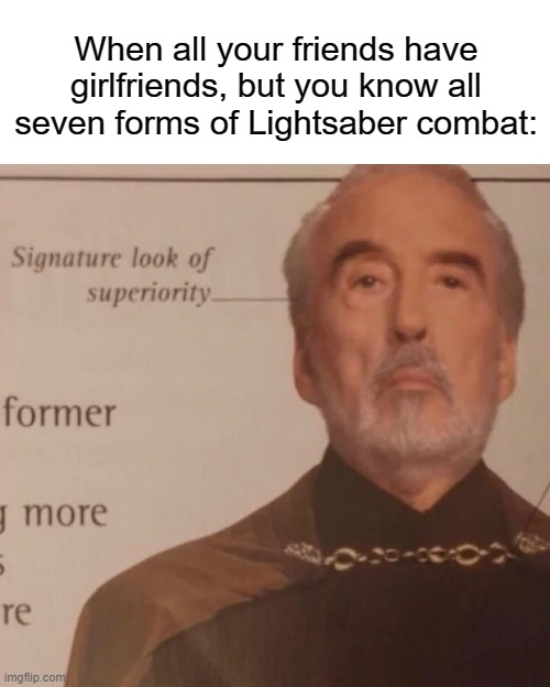 Signature Look of superiority | When all your friends have girlfriends, but you know all seven forms of Lightsaber combat: | image tagged in signature look of superiority | made w/ Imgflip meme maker