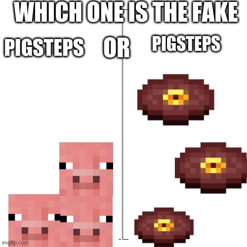 Which is the imposter put answer in comments |  WHICH ONE IS THE FAKE; PIGSTEPS; OR; PIGSTEPS | image tagged in blank,memes,pigstep | made w/ Imgflip meme maker