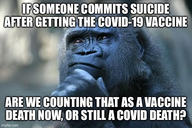 Covid deaths | IF SOMEONE COMMITS SUICIDE AFTER GETTING THE COVID-19 VACCINE; ARE WE COUNTING THAT AS A VACCINE DEATH NOW, OR STILL A COVID DEATH? | image tagged in deep thoughts,common sense | made w/ Imgflip meme maker