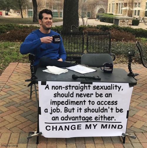 'Cause then there would be the same disadvantage that you so much hate | A non-straight sexuality,
should never be an 
impediment to access
a job. But it shouldn't be
an advantage either. | image tagged in change my mind,meme,deep thoughts,sexuality,gender equality,equal rights | made w/ Imgflip meme maker