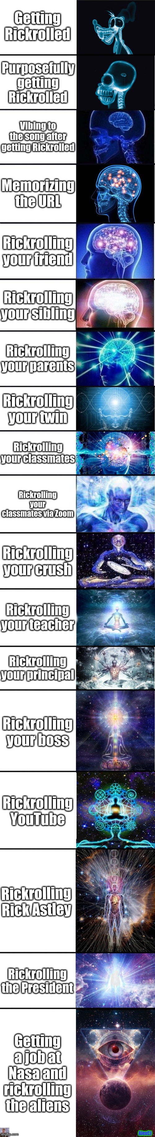 The Rickroll shall never die | Getting Rickrolled; Purposefully getting Rickrolled; Vibing to the song after getting Rickrolled; Memorizing the URL; Rickrolling your friend; Rickrolling your sibling; Rickrolling your parents; Rickrolling your twin; Rickrolling your classmates; Rickrolling your classmates via Zoom; Rickrolling your crush; Rickrolling your teacher; Rickrolling your principal; Rickrolling your boss; Rickrolling YouTube; Rickrolling Rick Astley; Rickrolling the President; Getting a job at Nasa and rickrolling the aliens; AlexCJ | image tagged in memes,funny memes,dank memes,rickroll,oh wow are you actually reading these tags,ha ha tags go brr | made w/ Imgflip meme maker