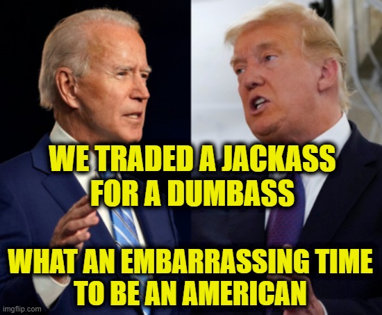 Bad Trade | WE TRADED A JACKASS
FOR A DUMBASS; WHAT AN EMBARRASSING TIME
TO BE AN AMERICAN | image tagged in president | made w/ Imgflip meme maker