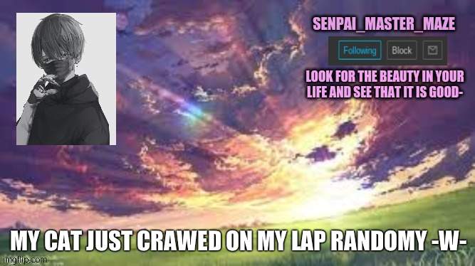 maze | MY CAT JUST CRAWED ON MY LAP RANDOMY -W- | image tagged in maze | made w/ Imgflip meme maker