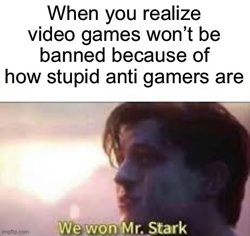 We already won | When you realize video games won’t be banned because of how stupid anti gamers are | image tagged in we won mr stark,reddit | made w/ Imgflip meme maker