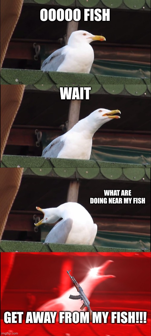 Inhaling Seagull | OOOOO FISH; WAIT; WHAT ARE DOING NEAR MY FISH; GET AWAY FROM MY FISH!!! | image tagged in memes,inhaling seagull | made w/ Imgflip meme maker