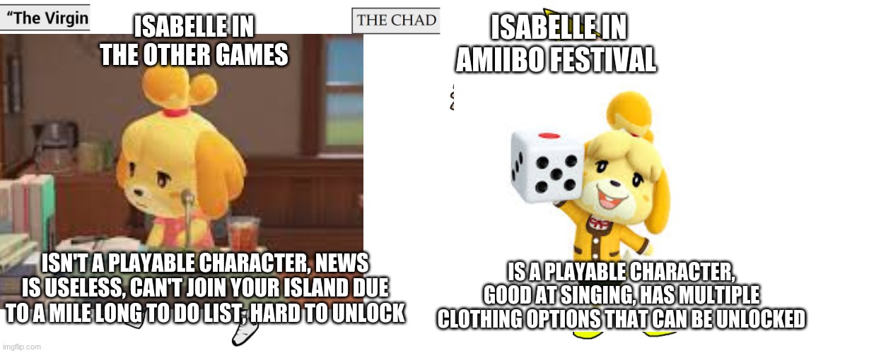 amiibo festival is good, you can't change my mind | ISABELLE IN THE OTHER GAMES; ISABELLE IN AMIIBO FESTIVAL; IS A PLAYABLE CHARACTER, GOOD AT SINGING, HAS MULTIPLE CLOTHING OPTIONS THAT CAN BE UNLOCKED; ISN'T A PLAYABLE CHARACTER, NEWS IS USELESS, CAN'T JOIN YOUR ISLAND DUE TO A MILE LONG TO DO LIST, HARD TO UNLOCK | image tagged in virgin and chad,animal crossing | made w/ Imgflip meme maker