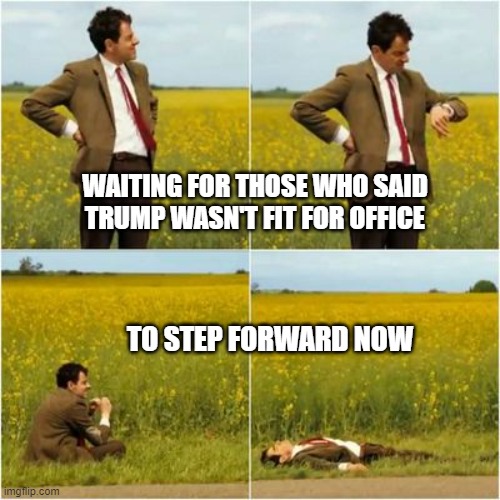 mr bean waiting for bus | WAITING FOR THOSE WHO SAID TRUMP WASN'T FIT FOR OFFICE; TO STEP FORWARD NOW | image tagged in mr bean waiting for bus | made w/ Imgflip meme maker