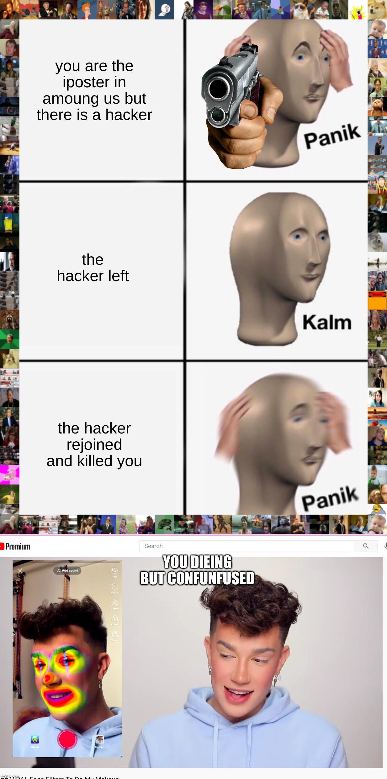 it true though | you are the iposter in amoung us but there is a hacker; the hacker left; the hacker rejoined and killed you; YOU DIEING BUT CONFUNFUSED | image tagged in memes,panik kalm panik | made w/ Imgflip meme maker