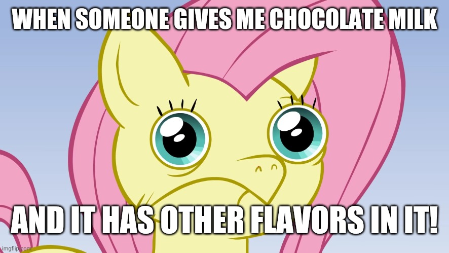Uncomfortable Fluttershy | WHEN SOMEONE GIVES ME CHOCOLATE MILK AND IT HAS OTHER FLAVORS IN IT! | image tagged in uncomfortable fluttershy | made w/ Imgflip meme maker