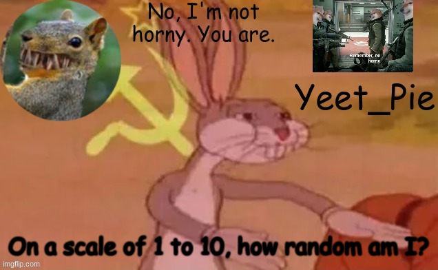 Ten being the most random | On a scale of 1 to 10, how random am I? | image tagged in yeet_pie | made w/ Imgflip meme maker