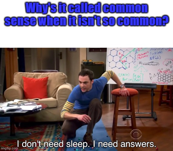 Why's it called common sense when it's not so common? | Why's it called common sense when it isn't so common? | image tagged in i don't need sleep i need answers,common,sense,common sense | made w/ Imgflip meme maker