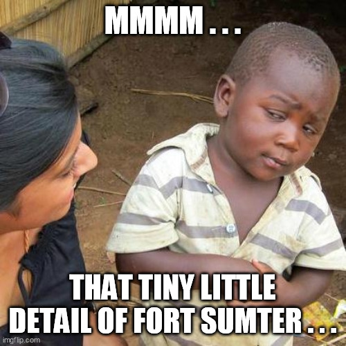 Third World Skeptical Kid Meme | MMMM . . . THAT TINY LITTLE DETAIL OF FORT SUMTER . . . | image tagged in memes,third world skeptical kid | made w/ Imgflip meme maker