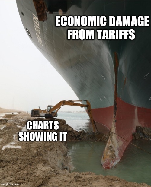 Economic damage from tariffs | ECONOMIC DAMAGE FROM TARIFFS; CHARTS SHOWING IT | image tagged in little excavator that could | made w/ Imgflip meme maker